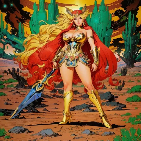 SexyToon, 8k, a drawing of a costumed woman standing in a field, mighty Desert Princess, she - ra, She-Ra, inspired by Henry Justice Ford, a fantasy comic book style, goddess of war, Desert Princess, inspired in Wally Wood, the galaxy sailor. beautiful, po...