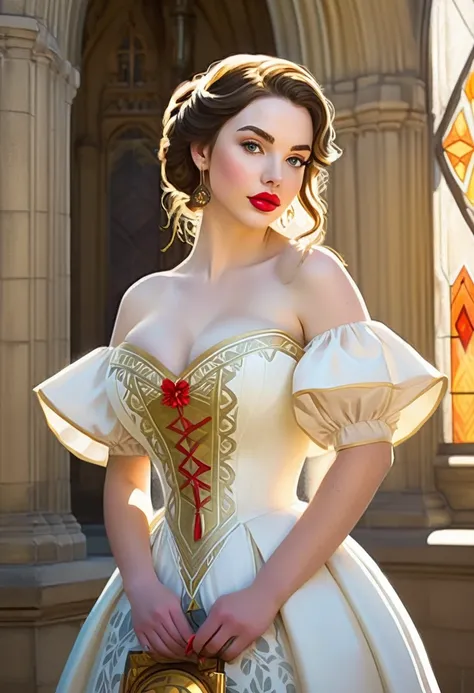 An Illustrated, Hand-Drawn, Full Color, Warm Lighting, Shadows, Graphite Shading, Stencil Marks, Airbrushed Acrylic Paint, In The Style Of Breath Of The Wild. A High Society Dickensian Lady That Exudes Sweetness, Sunshine, Happiness, Love Charity, Hope Vir...