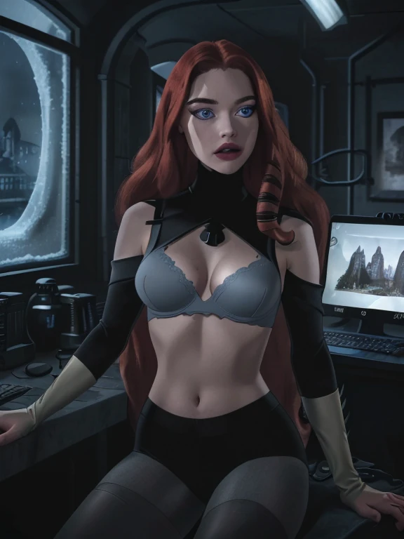 (a girl working with computers in batcave,( red long curly hair),beautiful icy blue eyes,beautiful detailed lips,beautiful face,long eyelashes, best quality,highres,ultra-detailed,realistic,dark castle vibes,Professional photographer shot, (black fit tank)...