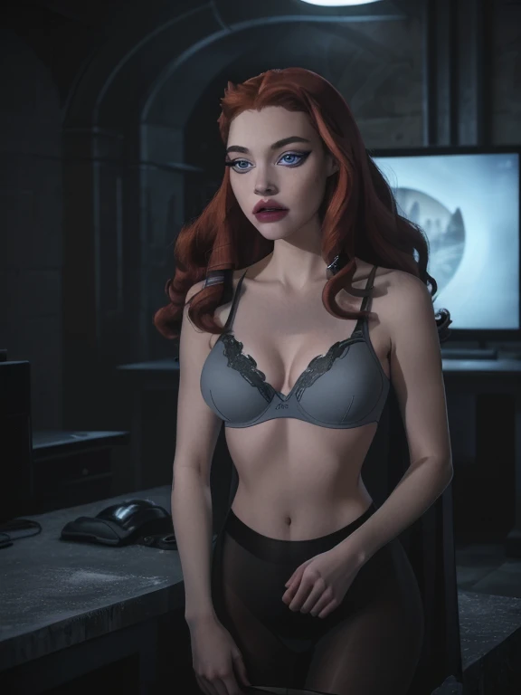 (a girl working with computers in batcave,( red long curly hair),beautiful icy blue eyes,beautiful detailed lips,beautiful face,long eyelashes, best quality,highres,ultra-detailed,realistic,dark castle vibes,Professional photographer shot, (black fit tank)...