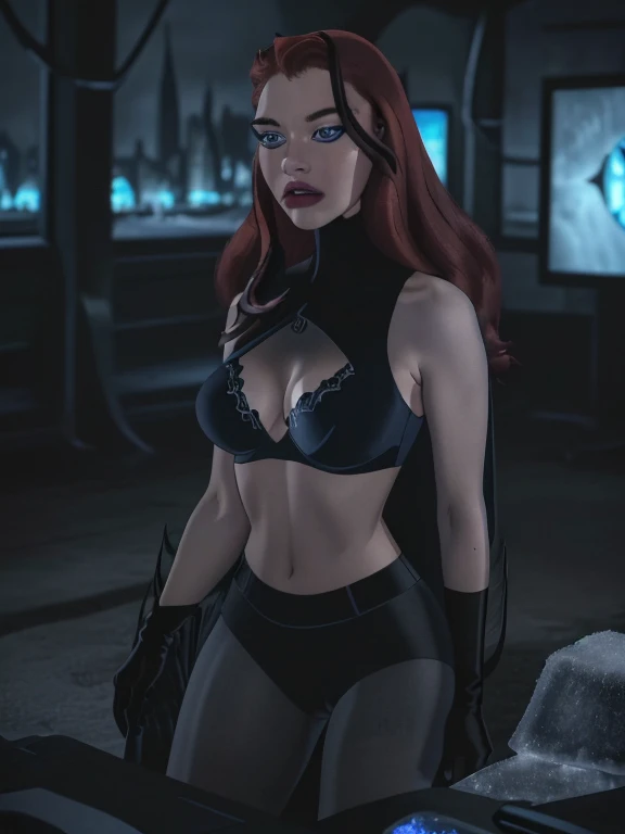 (a girl working with computers in batcave,( red long curly hair),beautiful icy blue eyes,beautiful detailed lips,beautiful face,long eyelashes, best quality,highres,ultra-detailed,realistic,dark castle vibes,Professional photographer shot, (black fit tank)...