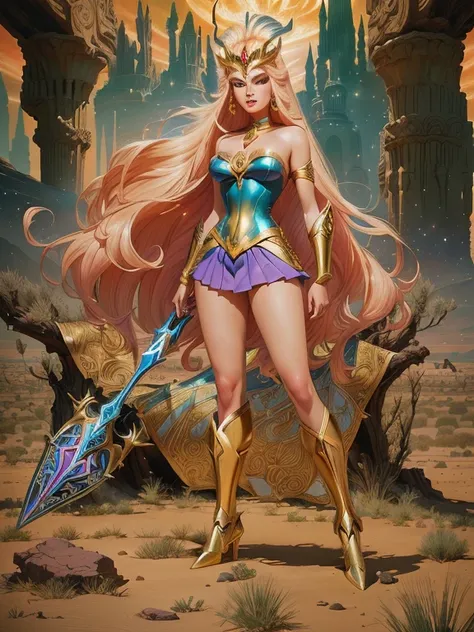 SexyToon, 8k, a drawing of a costumed woman standing in a field, mighty Desert Princess, she - ra, She-Ra, inspired by Henry Justice Ford, a fantasy comic book style, goddess of war, Desert Princess, inspired in Wally Wood, the galaxy sailor. beautiful, po...