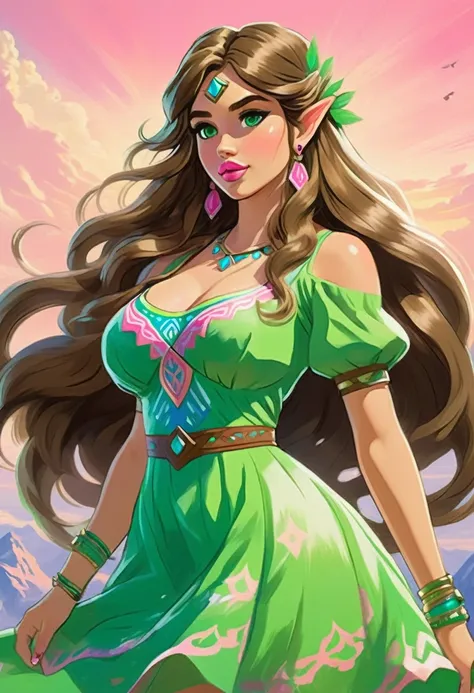 An Illustrated, Hand-Drawn, Full Color, Warm Lighting, Shadows, Graphite Shading, Stencil Marks, Airbrushed Acrylic Paint, In The Style Of Breath Of The Wild.wavy long hair, brown hair, 1girl, emerald eyes, waving with two fingers, pink lips, pastel green ...