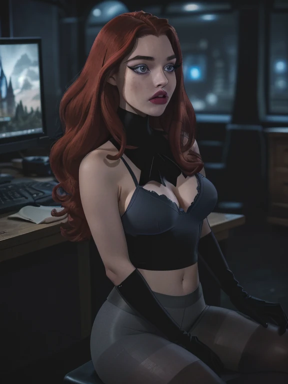 (a girl working with computers in batcave,( red long curly hair),blue eyes,beautiful detailed lips,beautiful face,long eyelashes, best quality,highres,ultra-detailed,realistic,dark castle vibes,Professional photographer shot, (black fit tank), (grey  spong...