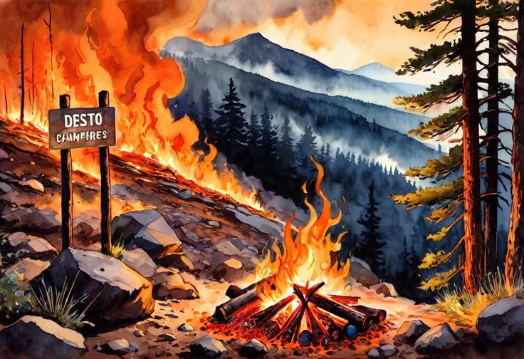 forest fire encompassed in orange-hued vibrant watercolor paints, hyper-realistic detail capturing the scene from a mountain vie...