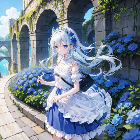 girl, walking Historic Aqueduct,Birds Eye View,Blue eyes, big eyes,droopy eyes, With blue flower corsage ,Slender body,  White long hair,short sleeves frilled dress ,shoulder bag