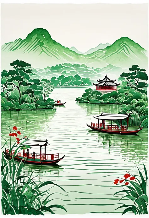 Watercolor Landscape, Chinese ink, Hangzhou city iconic, green and red colors, Hangzhou West Lake, inspired pattern lines of smart style, graphic design poster art, bold lines, smooth lines, classic patterns and themes, woodcut prints, detailed character d...