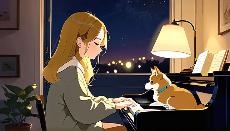 evening, lo fi music for study,
Girl sitting in a cozy corner, Draw a piano.
The soft yellow light of the desk lamp illuminates her thoughtful expression., Demonstrates deep concentration and a calm demeanor.
Her gentle gaze comforts the heart..
Adds atmos...