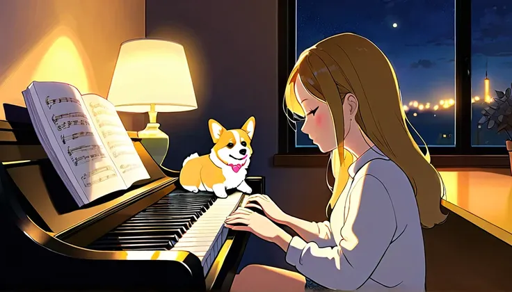 evening, lo fi music for study,
Girl sitting in a cozy corner, Draw a piano.
The soft yellow light of the desk lamp illuminates her thoughtful expression., Demonstrates deep concentration and a calm demeanor.
Her gentle gaze comforts the heart..
Adds atmos...