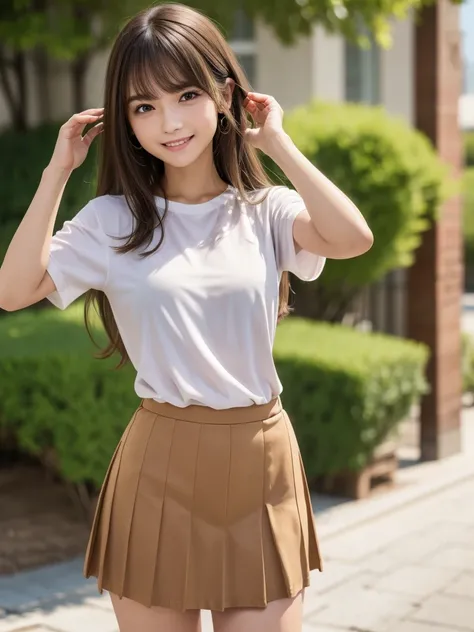 (highest quality, 4k, 8K, High resolution, Tabletop:1.2), Full Body Shot. Super detailed, Realistic:1.37, Light brown hair, Semi-long hair, Asymmetrical bangs, Mature Woman, high school girl, Casual T-shirts, Micro Mini Pleated Skirt, Super super slender b...