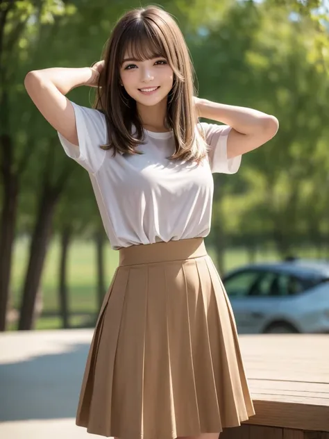 (highest quality, 4k, 8K, High resolution, Tabletop:1.2), Full Body Shot. Super detailed, Realistic:1.37, Light brown hair, Semi-long hair, Asymmetrical bangs, Mature Woman, high school girl, Casual T-shirts, Micro Mini Pleated Skirt, Super super slender b...