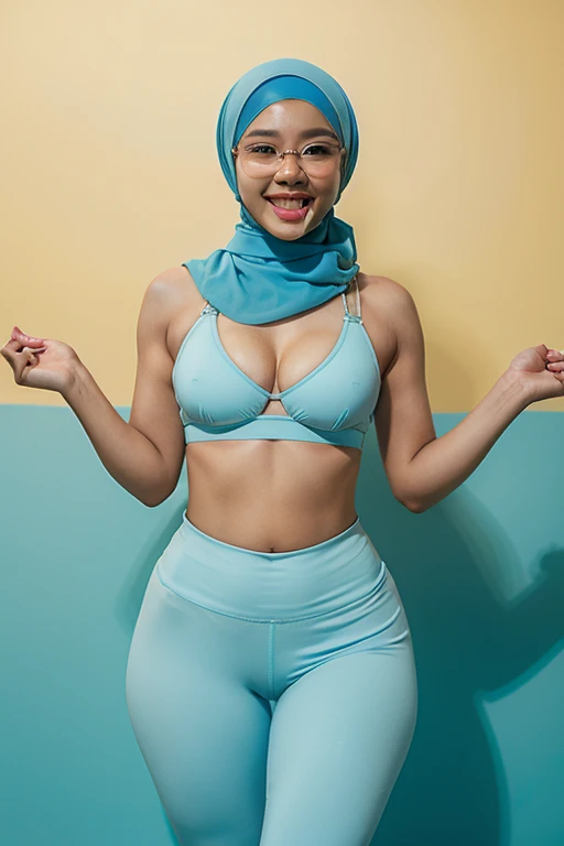 Sexy Malay woman wearing light blue bra and leggings in front of a yellow and light blue background, laughing, glasses, hijab, medium breast, slim, wide waist, full body photography,