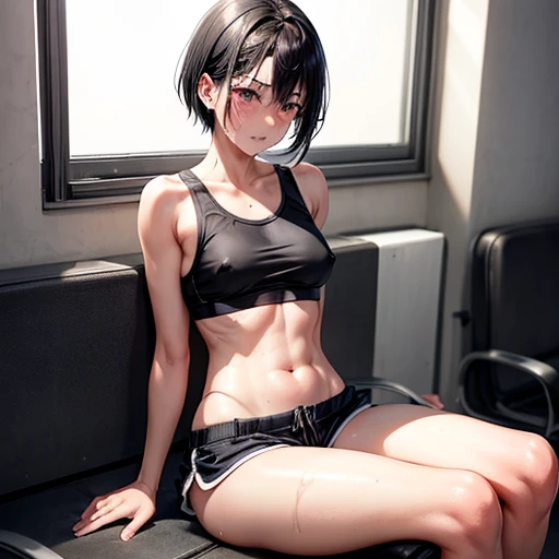 Sweaty and covered in scars, she sits in the waiting room and cries. She is a cute Japanese high school girl with short-cut black hair. She is wearing a sports bra, high-leg shorts, and open-fingered gloves. Small breasts, poor belly, slender body, poor bo...