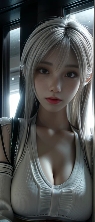 masterpiece,Game Art,Best picture quality,Maximum resolution,8K,(A bust photo),(portrait),(Head close-up),(Rule of Thirds),Unreal Engine 5 rendering works,
20 year old girl,Short hair details,Long bangs,(white hair),Red Eyes,Elegant and generous,(Large tar...