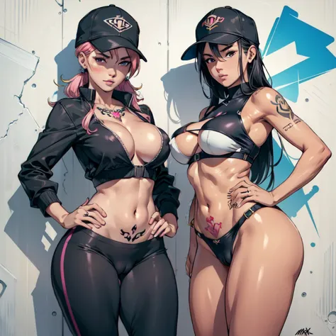 estilo anime, mujer grafitera, grafiti en la pared, desnuda contra la pared, gorra de lado, colores vivos, buena figura, buenas curvas, tatuajes maxima calidad, ultra detallado, 8K, cuerpo entero, cameltoe, ultra detailed 8k image, sharp image.