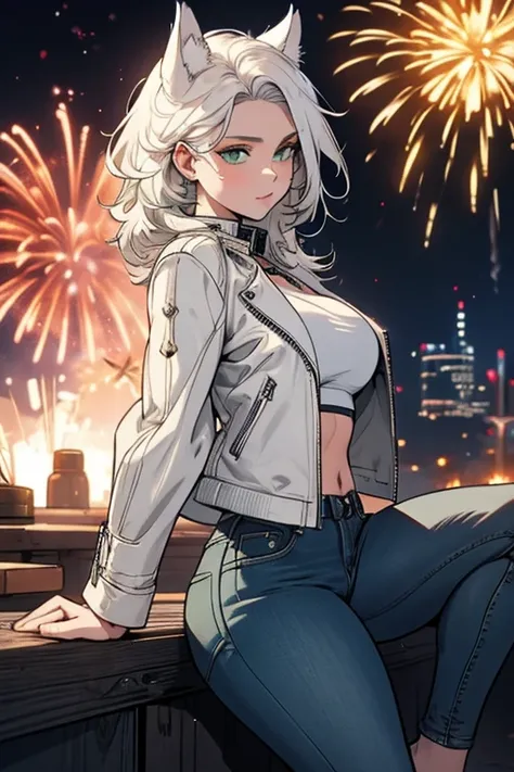 A white haired woman with green eyes and white wolf ears and a white wolf tail in a leather jacket and jeans is watching fireworks