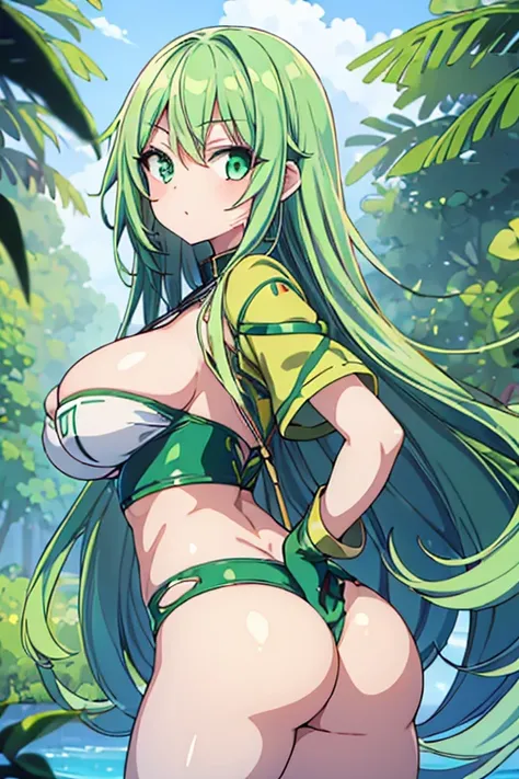 A girl,(anime),(hot),(young),(beautiful),(long green hair and green eyes and white skin),(super mega busty and with a big ass)