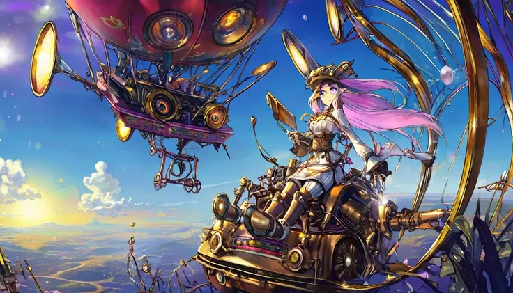 (steam punk)(extreme complexity, two subjects)(subject 1: cryptic girl, purple white gradient long hair, indifferent, kind, high...