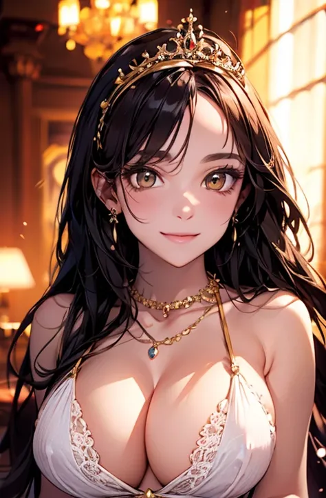 Princess , in castle, high quality, super quality, (detailed face:1.4) ,beautiful woman , golden eyes, long hair , tight gorgeous dress, tiara, necklace , earring , sharpe eyebrow , beautiful bangs are covering her eyes , huge breast  ,upper body  , smile ...