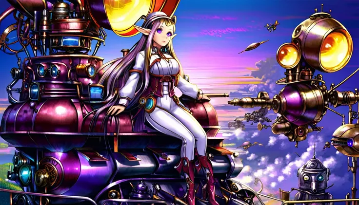 (steam punk)(extreme complexity, two subjects)(subject 1: cryptic girl, purple white gradient long hair, indifferent, kind, high...