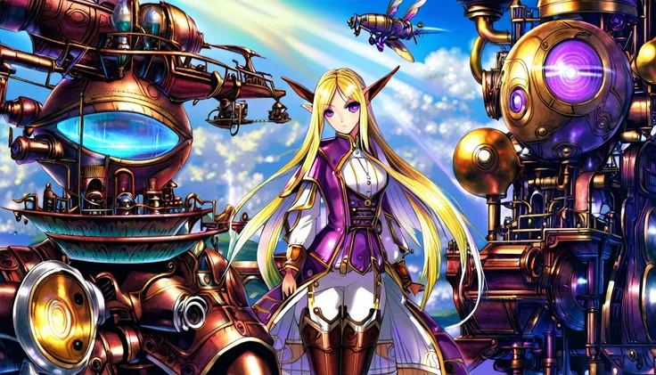 (steam punk)(extreme complexity, two subjects)(subject 1: cryptic girl, purple white gradient long hair, indifferent, kind, high...