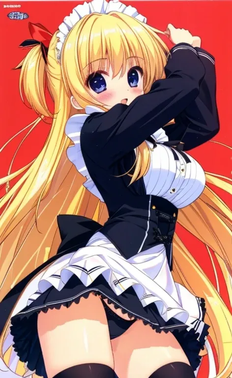 Beautiful long blonde　Embarrassing　Girl in black maid outfit　Long sleeve　Long skirt　Skirt lifted　Black Panties