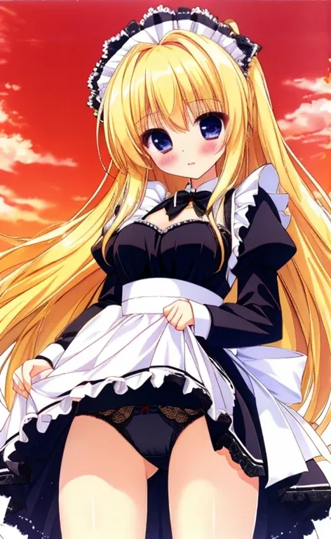 Beautiful long blonde　Embarrassing　Girl in black maid outfit　Long sleeve　Long skirt　Skirt lifted　Black Panties