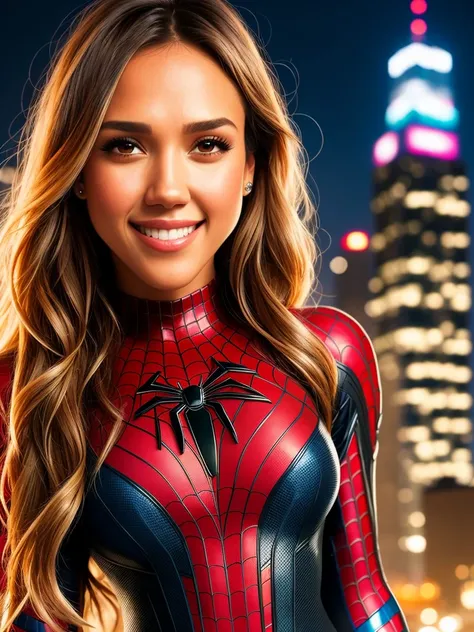 a close up portrait photo of beautiful Jessica Alba in spider-man costume, cheeky smile, (jewelry:1.0), high detailed skin, curvy, night cyberpunk city on the background, night time 8k uhd, dslr, high quality, Fujifilm XT3