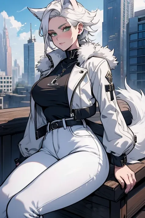 A white haired woman with green eyes and white wolf ears and a white wolf tail in a leather jacket and jeans is reading on a rooftop