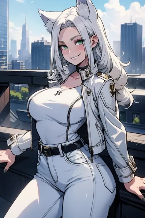 A white haired woman with green eyes and white wolf ears and a white wolf tail in a leather jacket and jeans is smiling on a rooftop