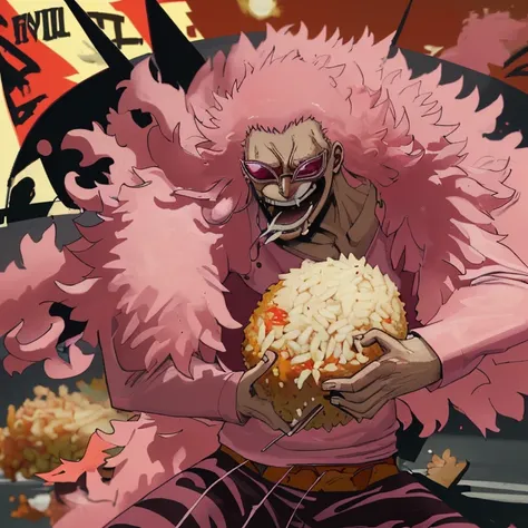 doflamingo eating fried rice while jumping sideways at a scramble intersection