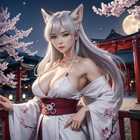 Beautiful Goddess（1 person）、White Fox Incarnation、It has nine tails、Beautiful woman、kimono、Trained muscles、Big Breasts、Gray Hair、Captivating body、Japanese Shrines、Cherry Blossoms at Night、full moon、8k、Realistic