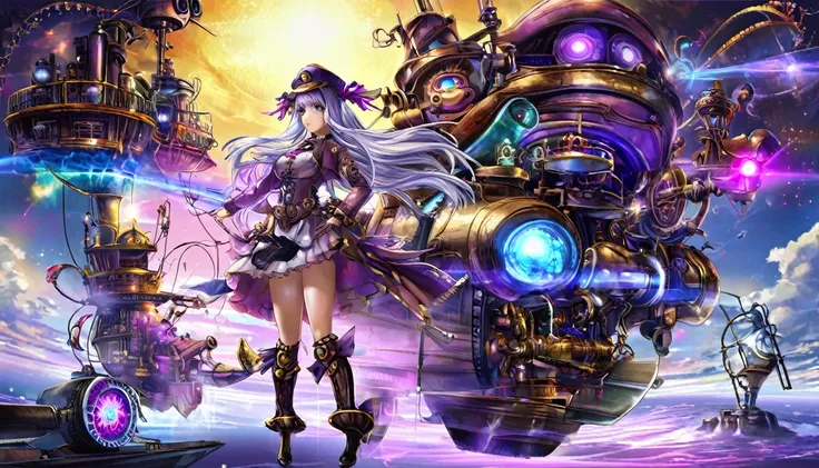 (steam punk)(extreme complexity, two subjects)(subject 1: cryptic girl, purple white gradient long hair, indifferent, kind, high...