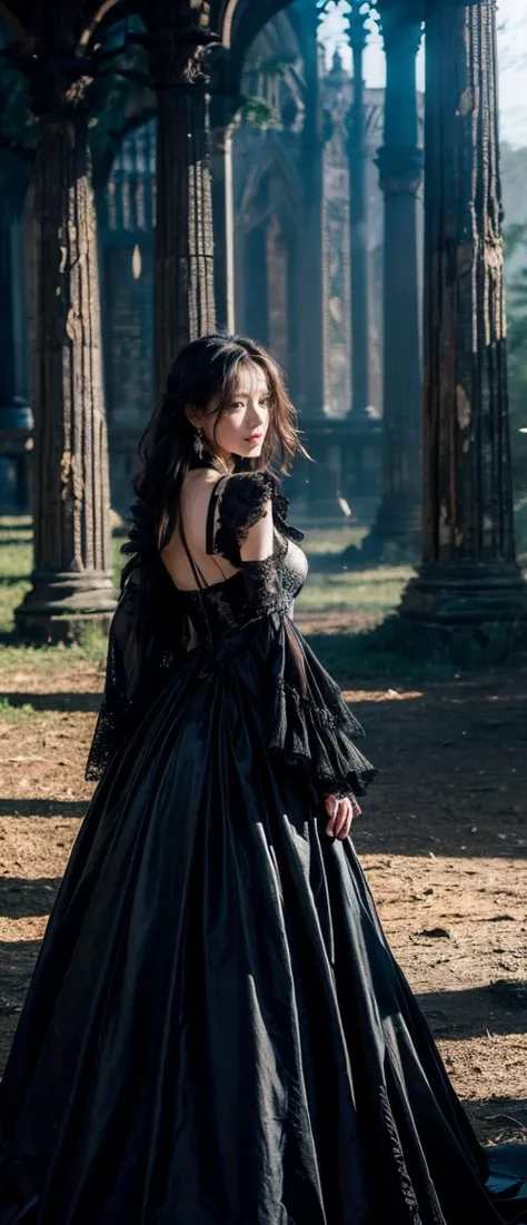 a dramatic portrayal of a striking woman, gothic-style ensembles – stunning dark gowns or edgy outfits – set against hauntingly ...