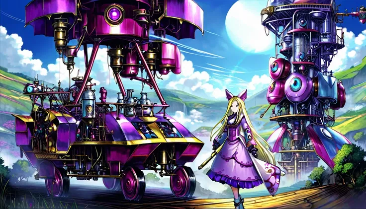 (Steam Punk)(Extreme complexity, two subjects)(subject 1: cryptic girl, purple white gradient long hair, indifferent, kind, high tech suit with many gadgets and blinking lights) (subject 2: female clockwork companion(several shiny metallic sections, steam ...