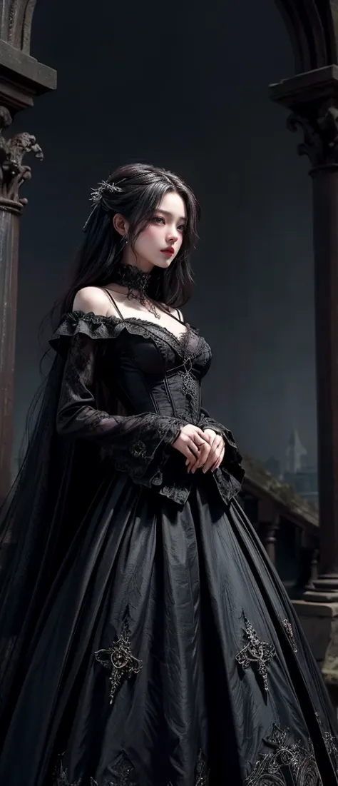 a dramatic portrayal of a striking woman, gothic-style ensembles – stunning dark gowns or edgy outfits – set against hauntingly ...