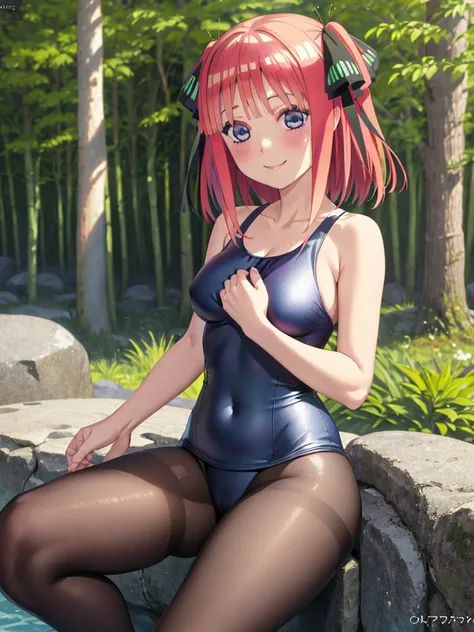 best quality, ultra-detailed masterpiece, nino nakano, one-piece swimsuit, breasts, pantyhose, blush, smile, terrace, forest