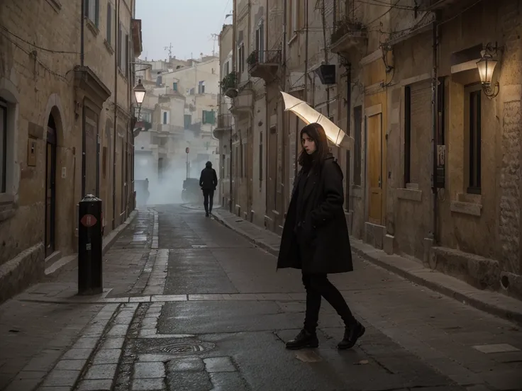 sassi di matera, italy. sassi_di_matera. outdoor in streets of matera. the character is surrounded by mist, evoking a mysterious...