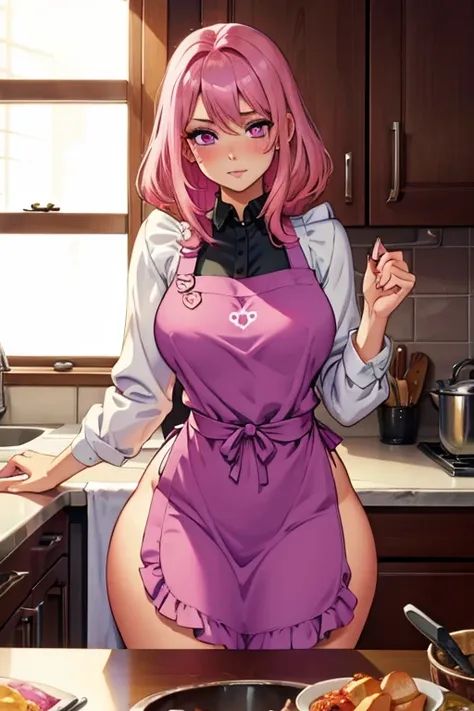 A pink haired woman with violet eyes with an hourglass figure in an apron is blushing in the kitchen