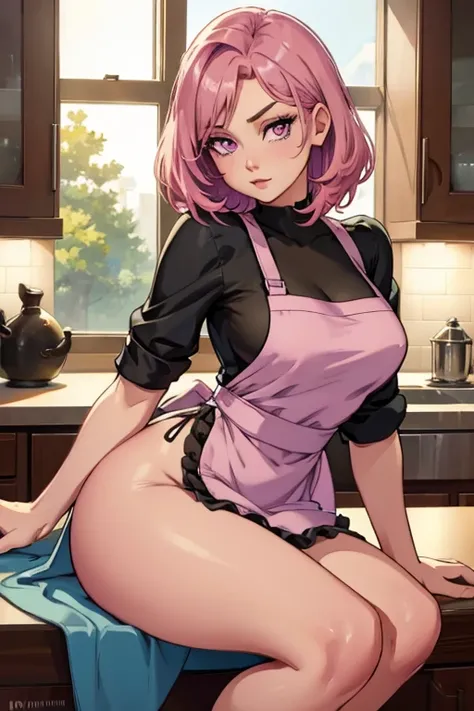 A pink haired woman with violet eyes with an hourglass figure in an apron is sitting on the counter
