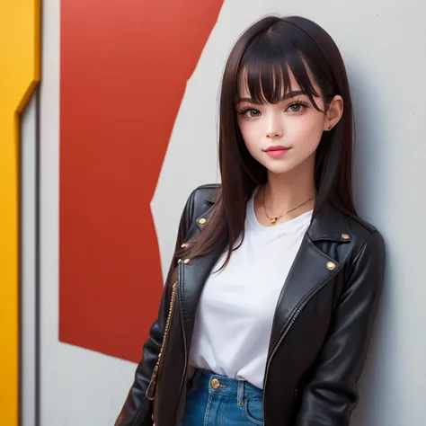 natural photography of a handsome terminator girl, shoulder length hair, sweet smile, white t-shirt with the name Neuro I wearing a black leather jacket, maroon t-shirt, black jeans. The wall background has a big name signature that says, neuro images,with...