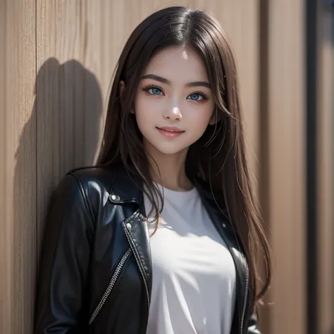 natural photography of a handsome terminator girl, shoulder length hair, sweet smile, white t-shirt with the name Neuro I wearing a black leather jacket, maroon t-shirt, black jeans. The wall background has a big name signature that says, neuro images,with...