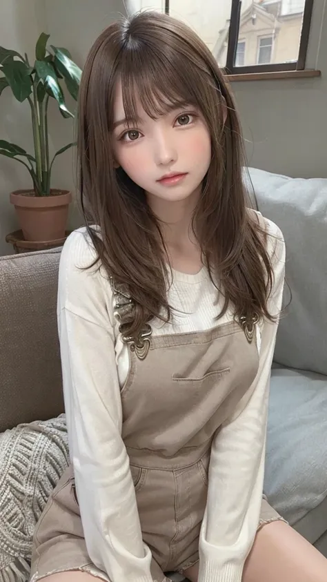 +masterpiece, highest quality, Very detailed, Female student, Beautiful Face, Rich details, (Long brown hair), Perfect Face, Overalls, Sitting, close, Shabby sofa