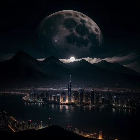 endless night, full moon behind dark mountains, futuristic modern city with moon reflections, fx cinematic detailed, shadow detailed, 4k wallpaper, 8k wallpaper, aspect epic