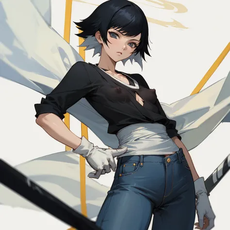 ((highest quality)), ((masterpiece)), (Familiar),  BLEACH,Soi Fon, 1 girl, alone,  Erect nipples, Black Hair,Slanted Eyes, Black clothes,Black Shirt,jeans, thin, short hair, Small breasts, gloves, 