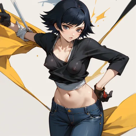 ((highest quality)), ((masterpiece)), (Familiar),  BLEACH,Soi Fon, 1 girl, alone,  Erect nipples, Black Hair,Slanted Eyes, Black clothes,Black Shirt,jeans, thin, short hair, Small breasts, gloves, 