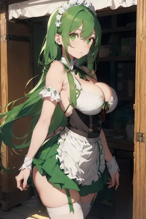 A girl,(anime),(hot),(young),(beautiful),(long green hair and green eyes and white skin),(super mega busty and with a big ass),(,Wearing),+,(a super sensual classic maid outfit with the 18cm wide maid skirt, very short and the uniform shows the shoulders a...