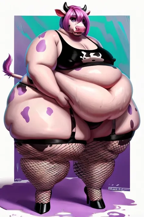  an anthropomorphic cow. Her head resembles a bovine head with a soft, pink snout and flat teeth, and she appears to have a furry body with goth style bright pink hair. She has vibrant pink irises with light pink pupils. Lavender features very soft cow-lik...