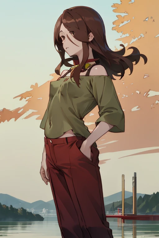 Lake Izu,((highest quality)), ((masterpiece)), (be familiar with),One female,Long Hair, Brown Hair, Brown eyes, Green Shirt,(Small breasts), Hair on one eye, Off the shoulder, Exposing shoulders,((Erect nipples)),Red pants