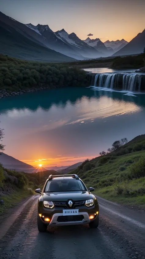 Renault Duster SUV model 2014 blue car with black details, Off-Road type roof rack with spotlights, main object centered in the image, scenery with mountains and waterfall background, (sunset), excellent quality, 8k